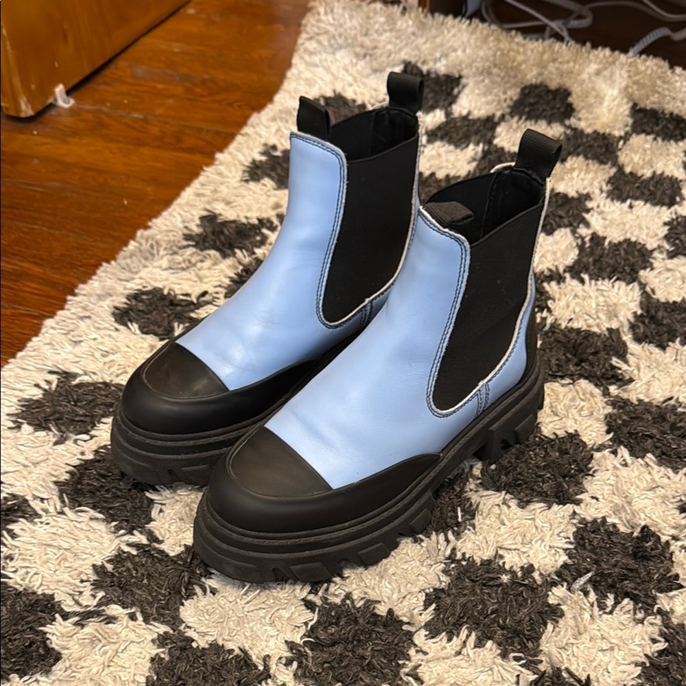 Ganni Black and Blue Ankle Boots with Chunky Platform